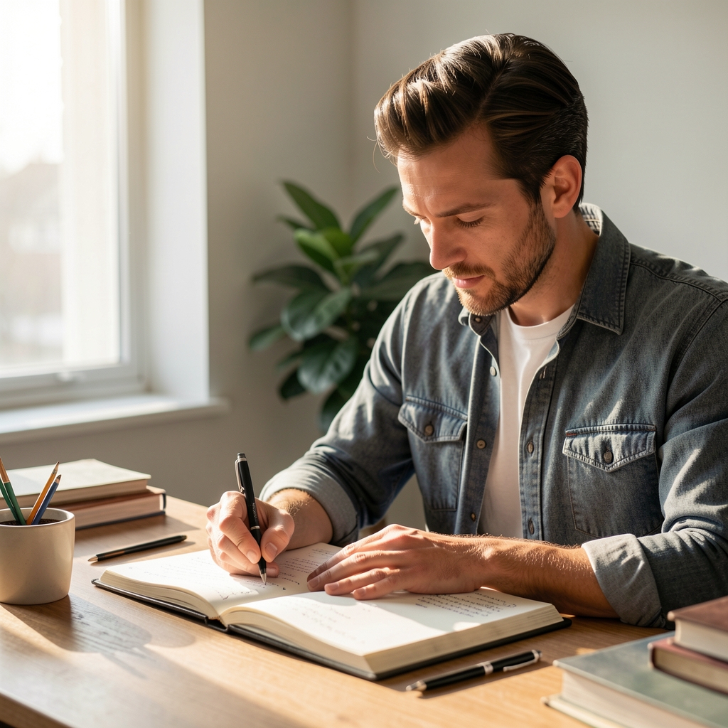 Man at a desk writing in a supplement journal, natural side light, morning scene