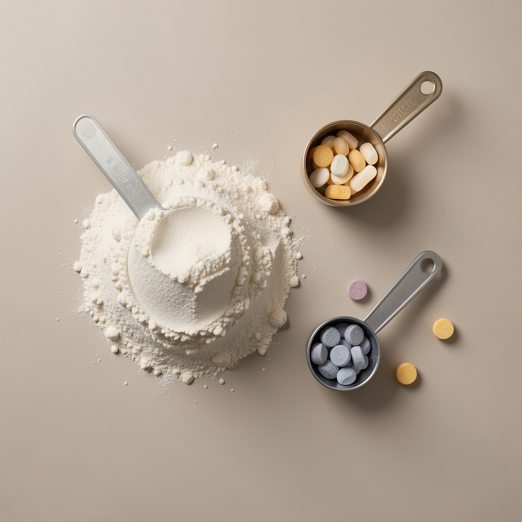 Protein powder and creatine supplement scoops on a neutral background, editorial flat lay composition