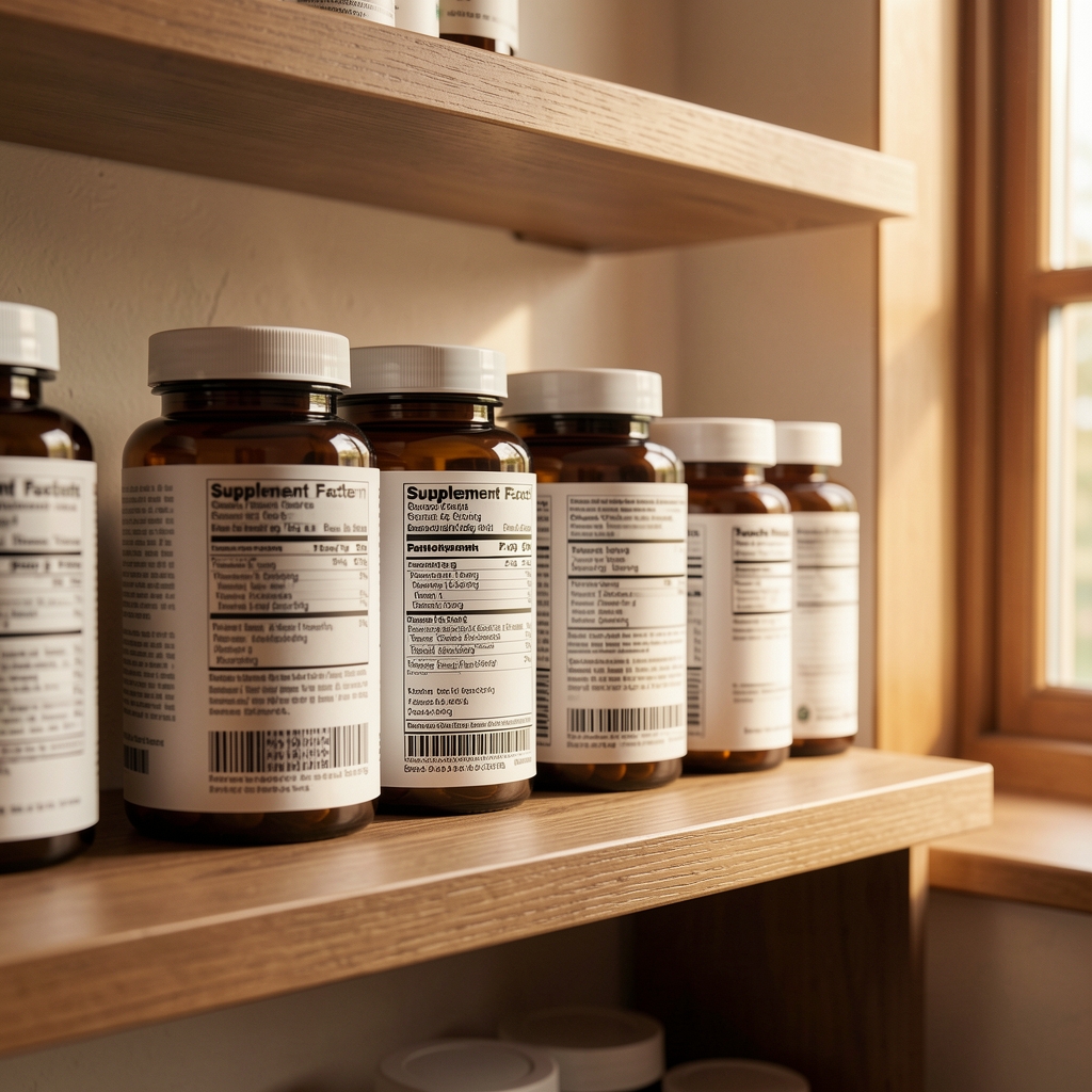 Supplement labels on a wooden shelf, editorial composition, warm natural light from window